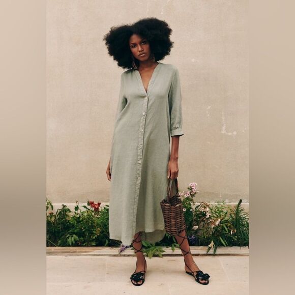 Zara 100% Linen Dress Pockets Khaki - Picture 11 of 11